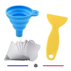 Pack 10 filtres en papier, entonnoir en silicone et spatule pour Résine 3D